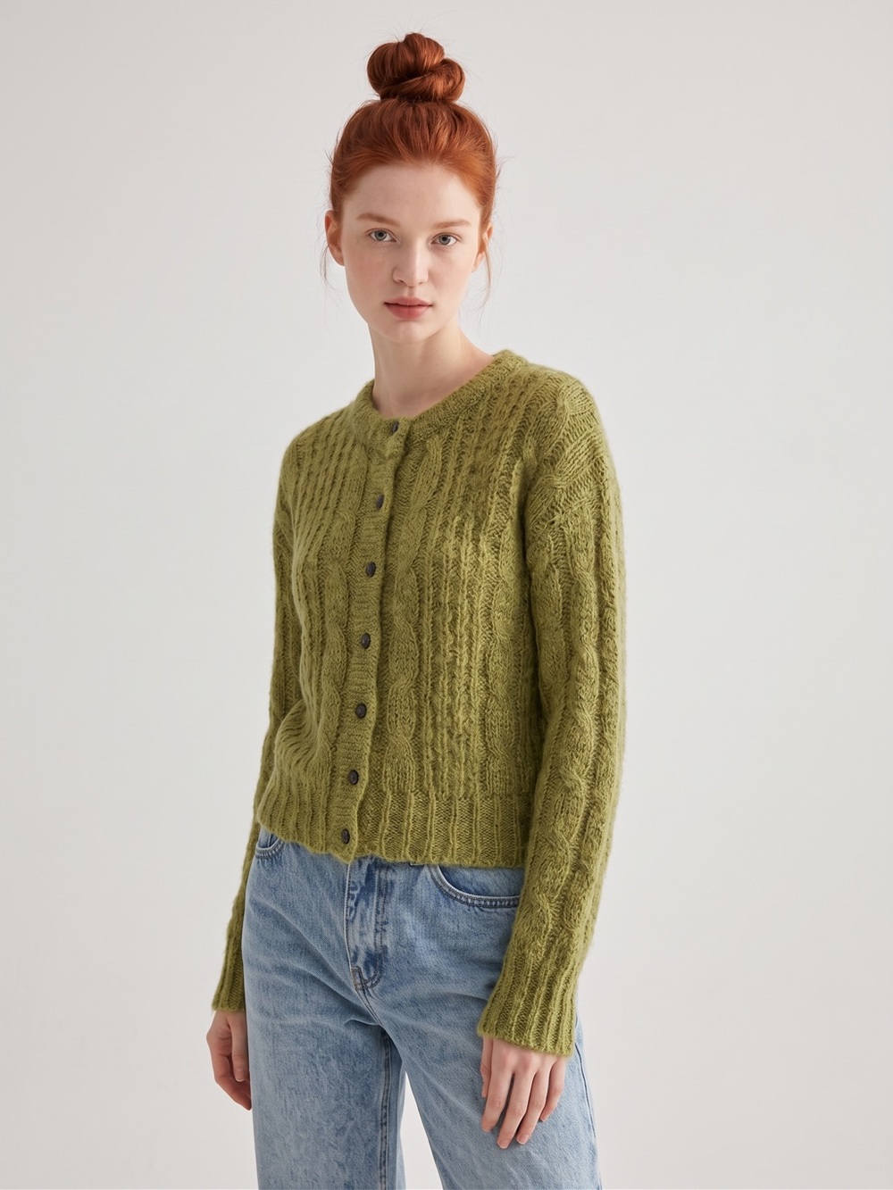 Forenza Vintage Olive Green Cable Knit Button Cardigan Mohair Blend. Grandmacore